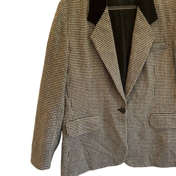 Houndstooth Blazer Wool Blend Black Velvet Collar Vintage Academia Style USA 16 - Picture 6 of 6